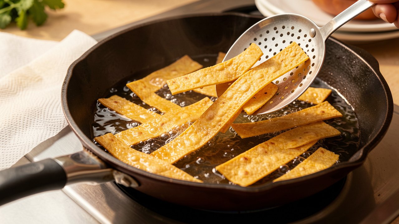 Corn tortilla strips frying to golden and crisp in a skillet