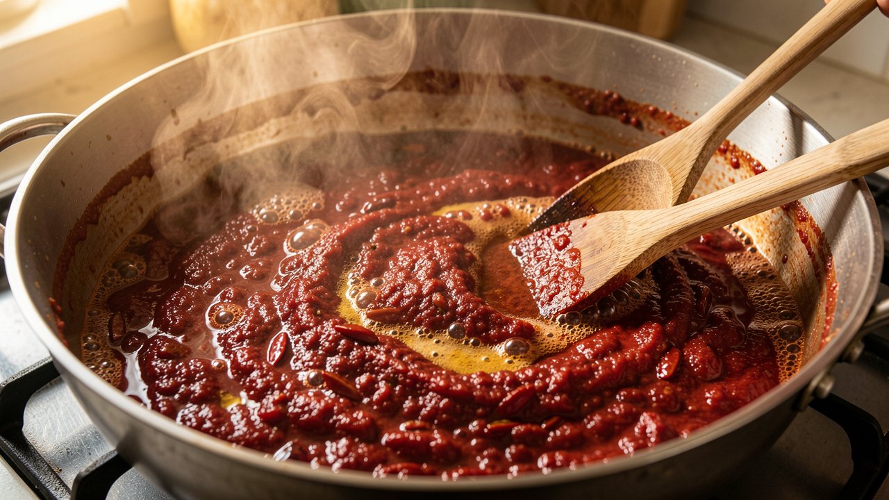 A thick red tomato and chile puree frying in a pot with oil beading at the edges