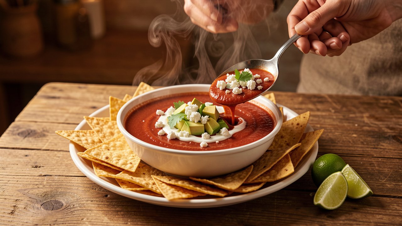 Red tortilla soup ladled over crisp strips and topped with avocado, cheese, crema, and cilantro
