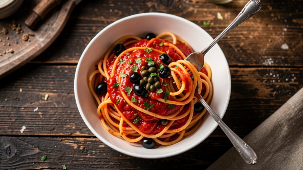 A bowl of spaghetti alla puttanesca with olives, capers, and parsley in a glossy tomato sauce