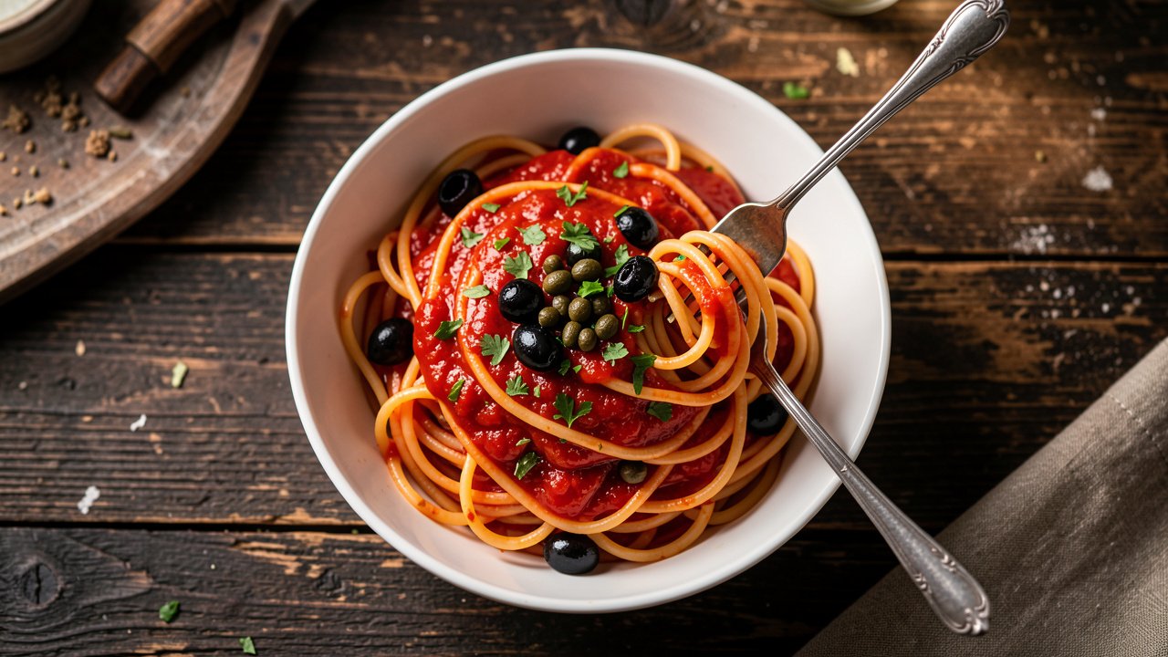 A bowl of spaghetti alla puttanesca with olives, capers, and parsley in a glossy tomato sauce