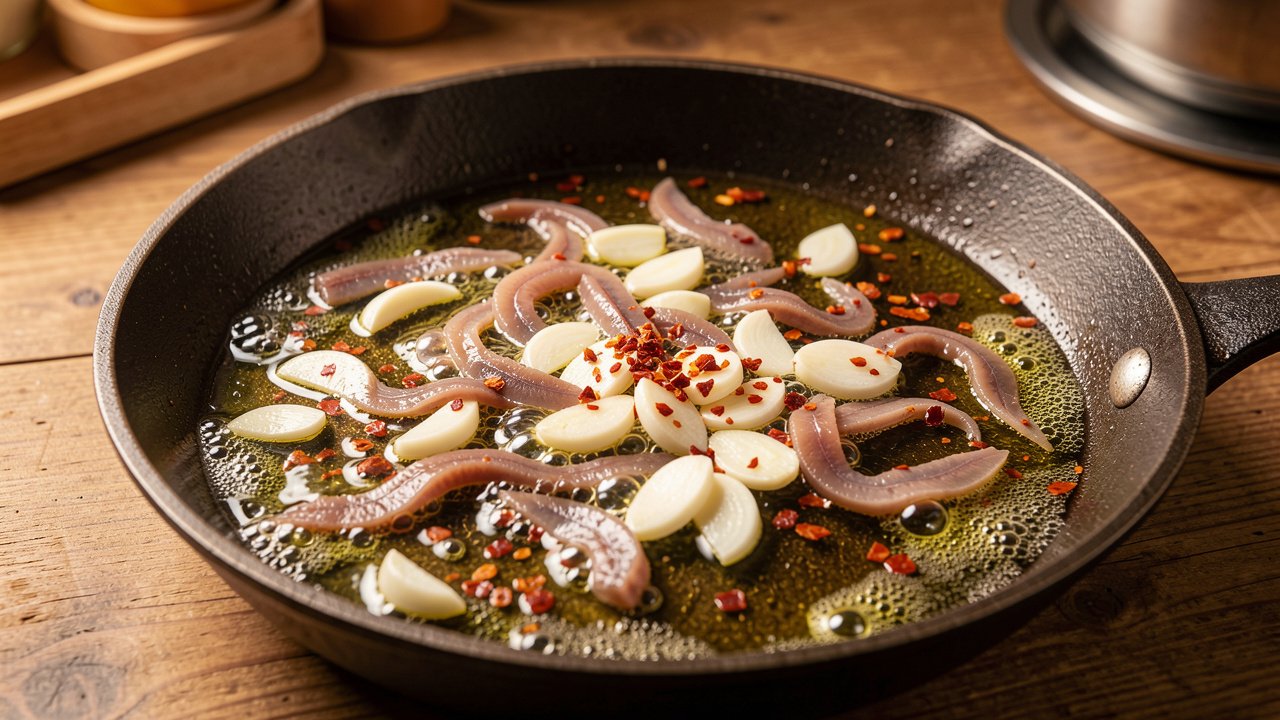 Garlic and anchovies melting in olive oil for puttanesca