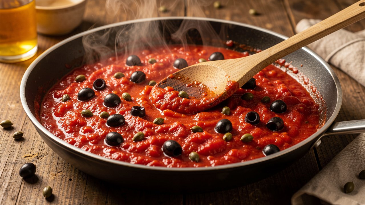 Puttanesca tomato sauce simmering with olives and capers in a skillet