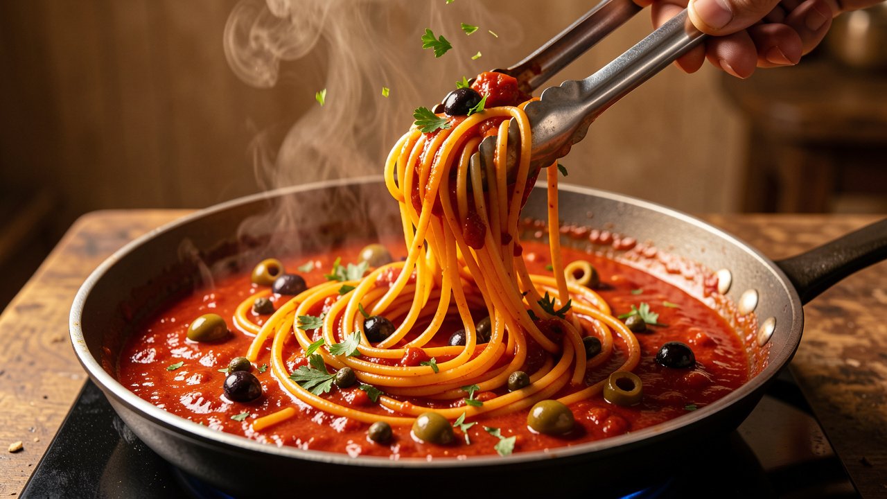 Spaghetti being tossed into puttanesca sauce and finished with parsley