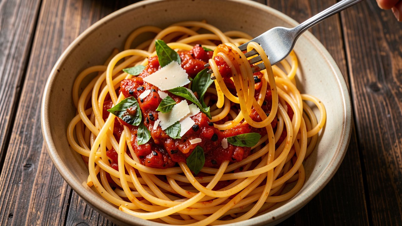 Long spaghetti squash strands tossed with chunky fire-roasted tomato sauce, basil, and parmesan