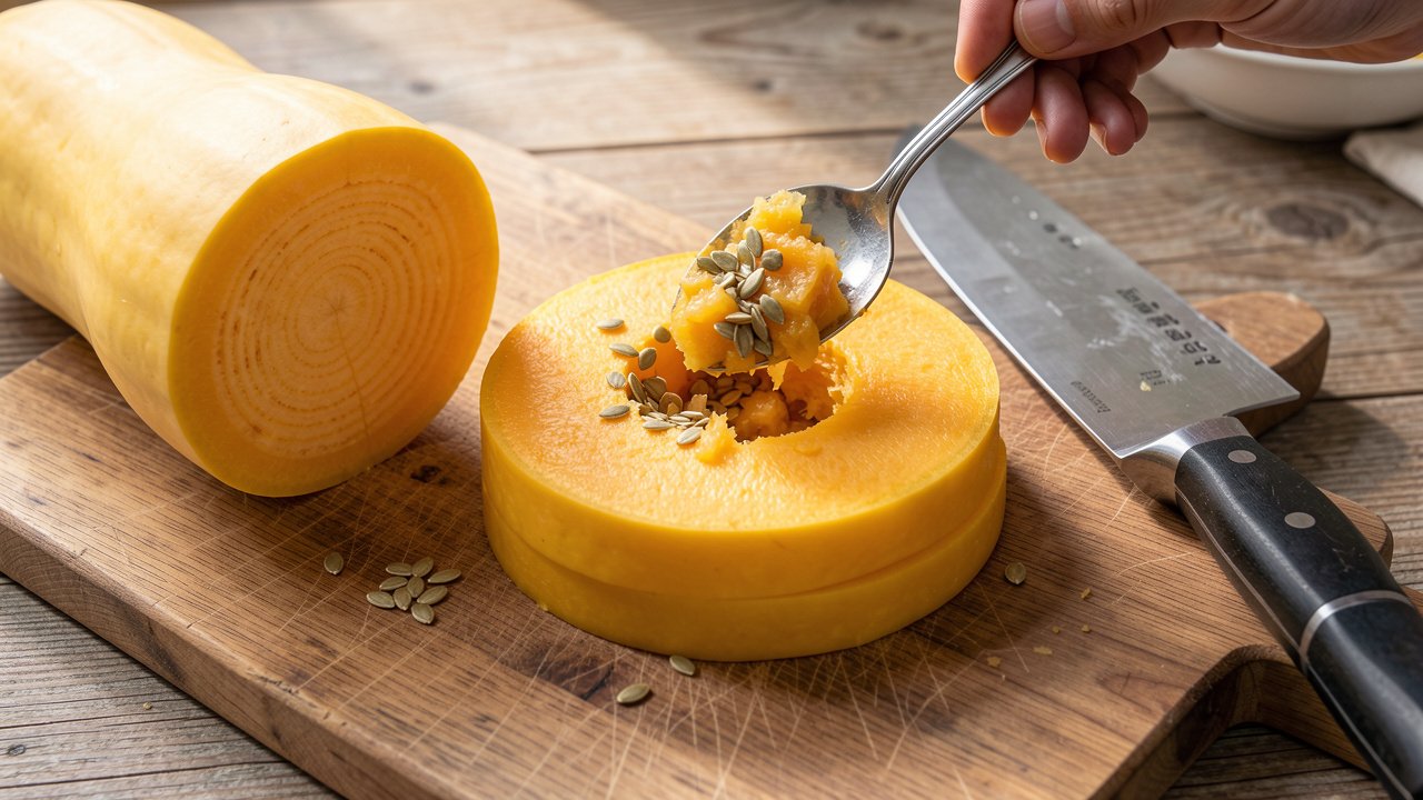 Spaghetti squash cut crosswise into rings with the seeds being scooped from one ring