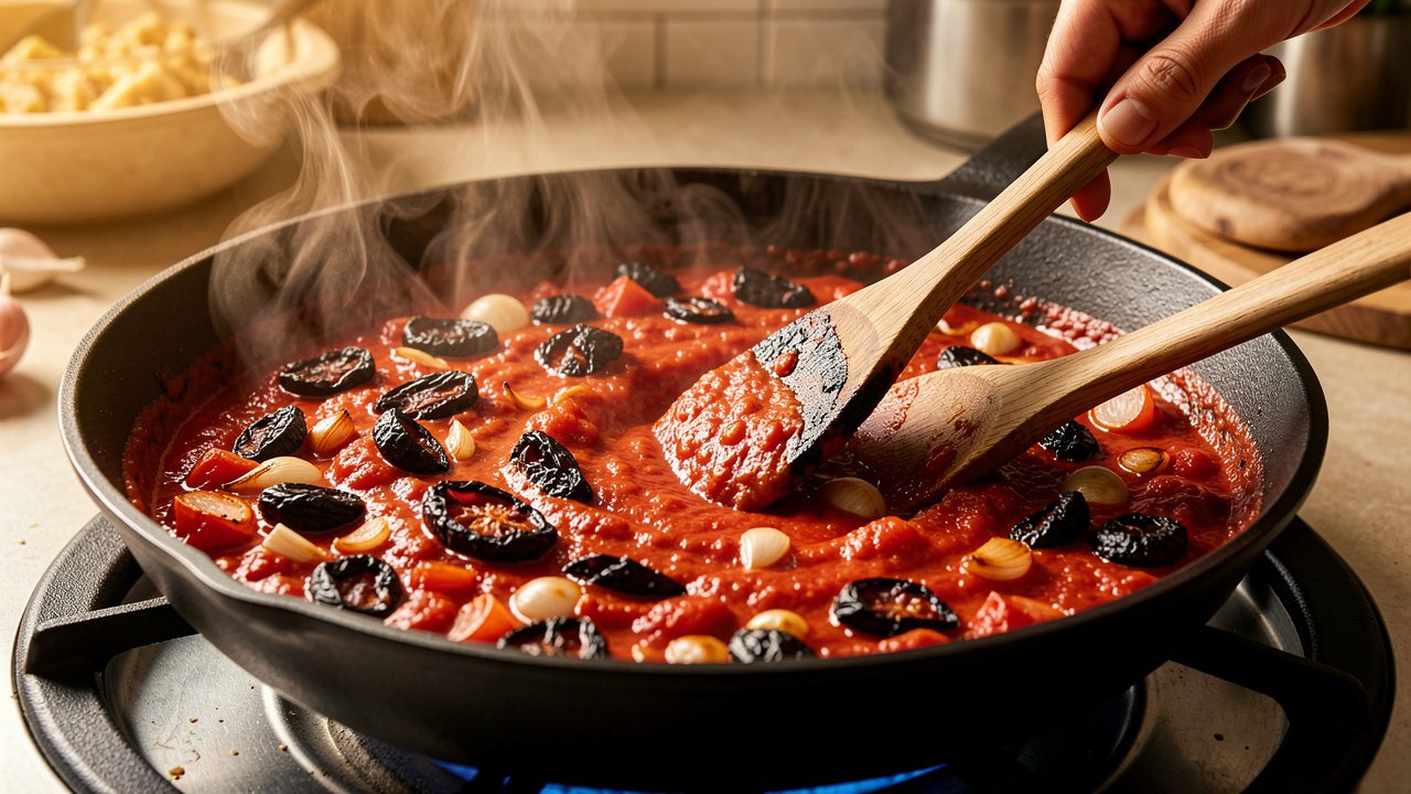 Fire-roasted tomato sauce simmering in a skillet with a spoon trail through the middle