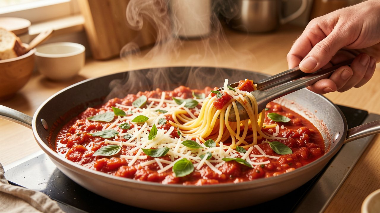 Spaghetti squash strands being folded into fire-roasted tomato sauce with tongs in a skillet