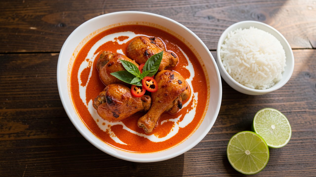 A bowl of spicy chicken in tomato coconut sauce topped with Thai basil and red chili, served with jasmine rice
