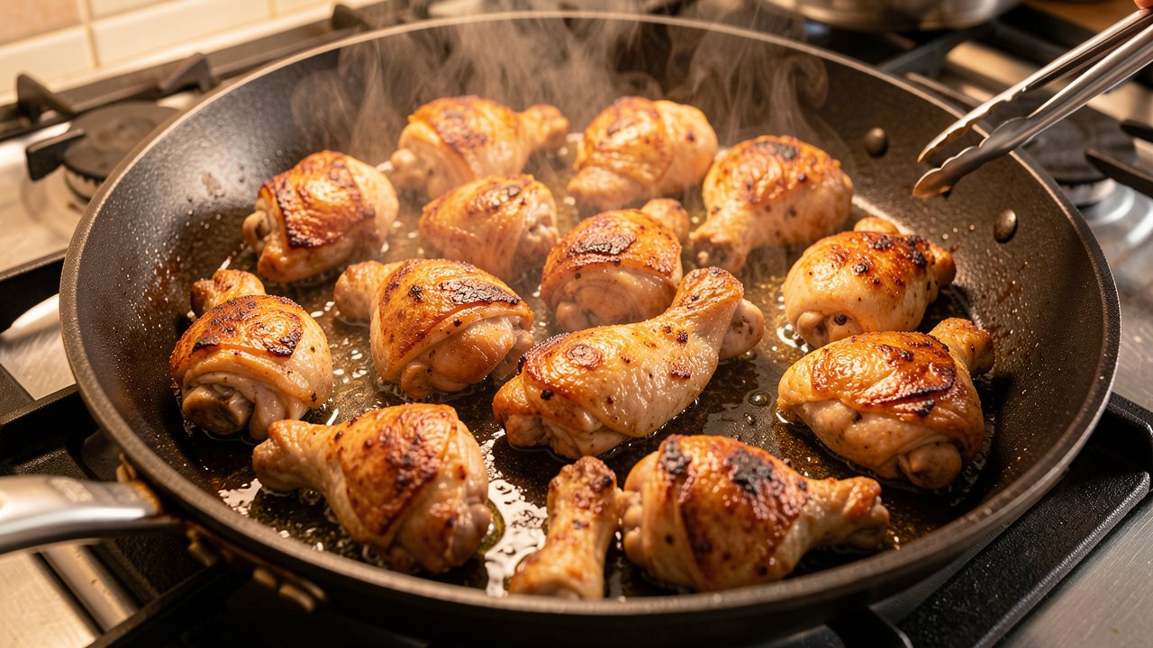 Bite-sized chicken thigh pieces browning in a single layer in a hot skillet