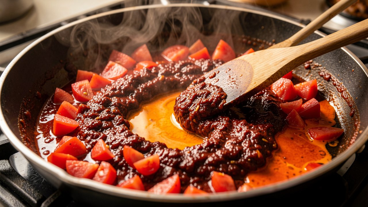 Tomatoes cooking down with red curry paste into a thick jammy base in a skillet