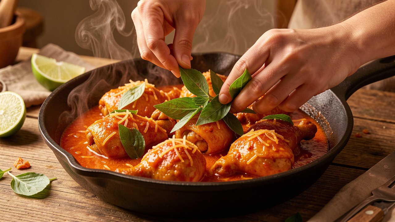 Finished spicy chicken in tomato coconut sauce being finished with fresh Thai basil in a skillet