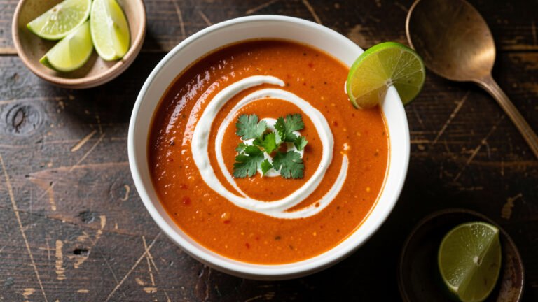 A bowl of creamy spicy tequila lime tomato soup with a swirl of cream, cilantro, and a lime wedge