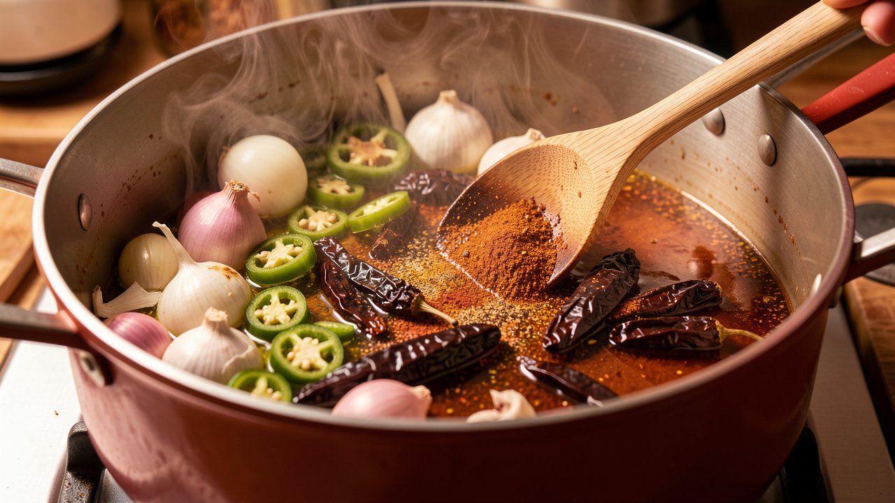 Chipotle peppers and spices blooming with onion and jalapeno in a pot
