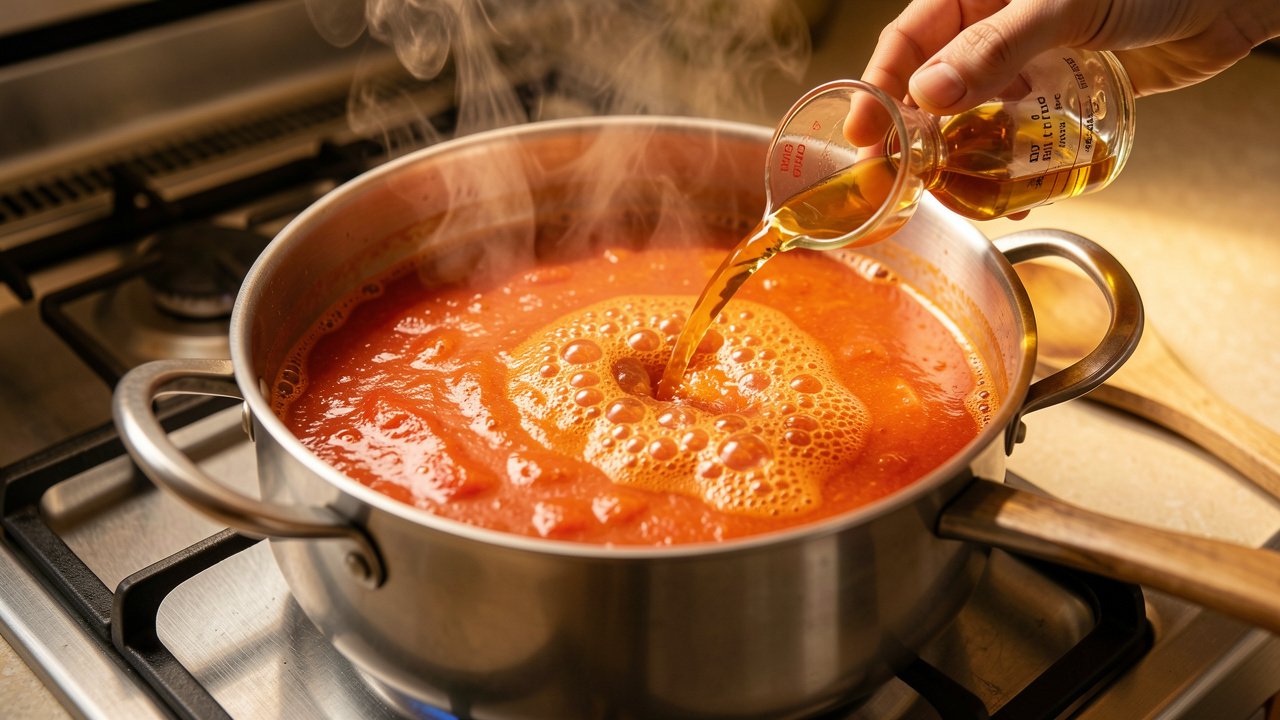 A splash of vegetable broth being poured into a simmering pot of tomato soup
