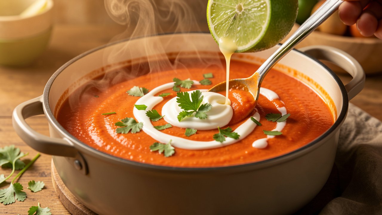 Cream and lime being stirred into finished spicy lime tomato soup