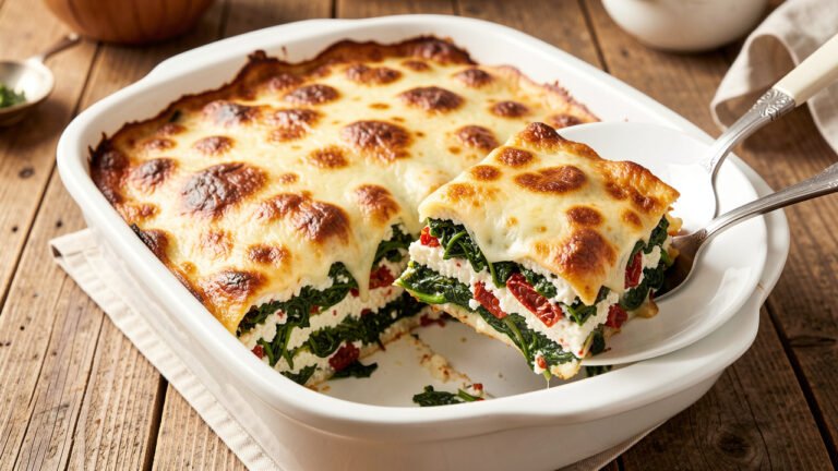 Baked spinach and sun-dried tomato lasagna with one clean square slice lifted from the pan