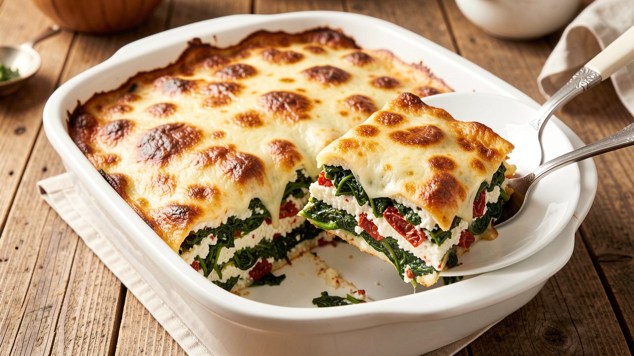 Baked spinach and sun-dried tomato lasagna with one clean square slice lifted from the pan