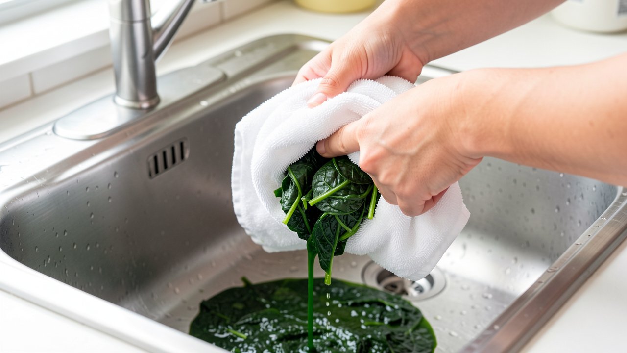 Hands wringing cooked spinach in a kitchen towel with green liquid running out