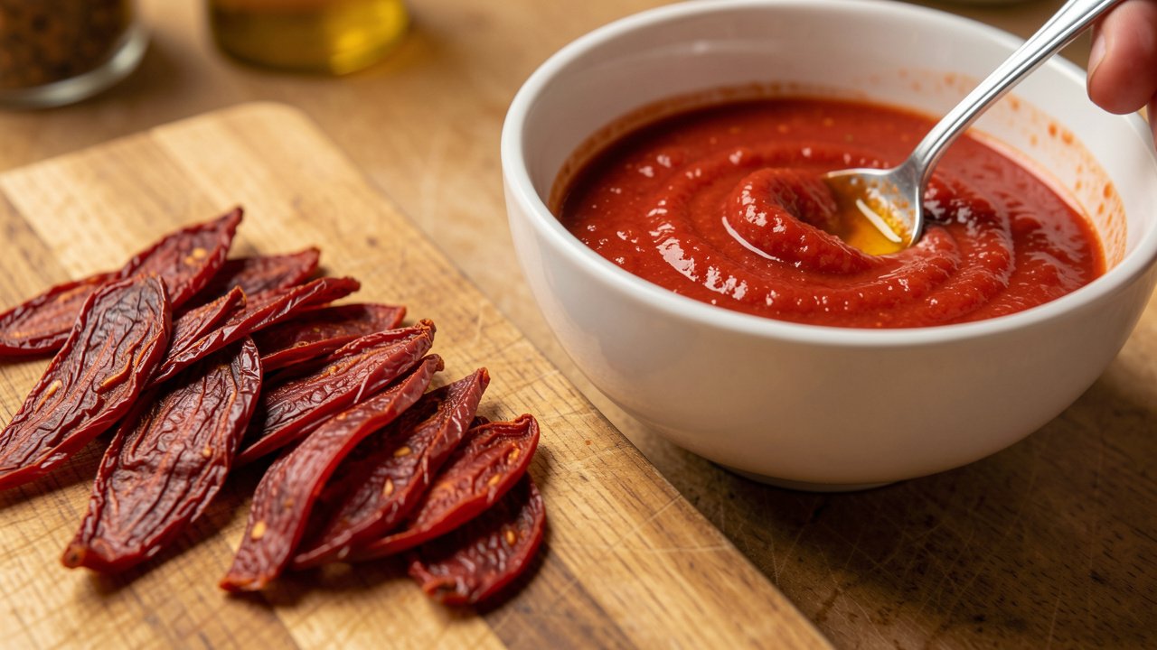Sliced sun-dried tomato strips next to a bowl of tomato sauce being stirred