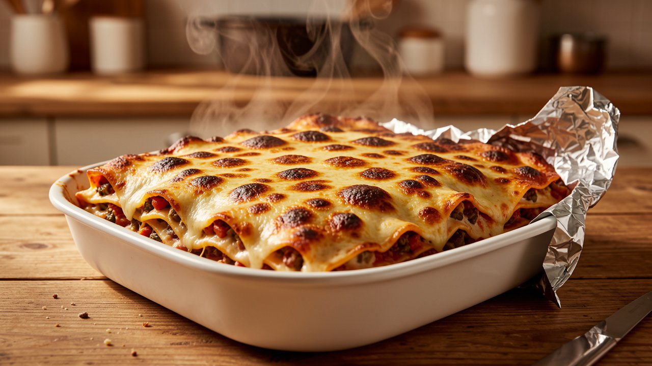 Baked lasagna with golden bubbling cheese and foil pulled back from the dish