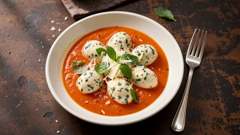 Spinach and ricotta gnudi in a shallow bowl of glossy tomato butter sauce with parmesan and basil