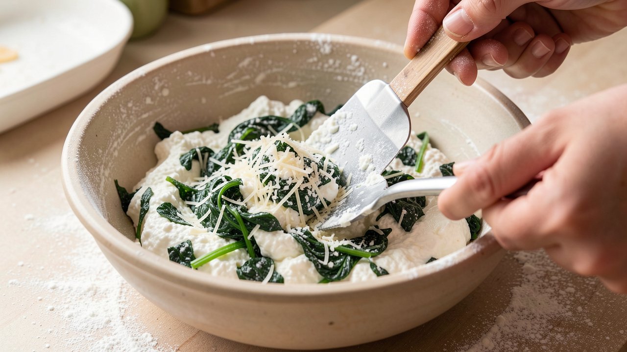 Hands folding ricotta, chopped spinach, and parmesan together in a bowl with a spatula