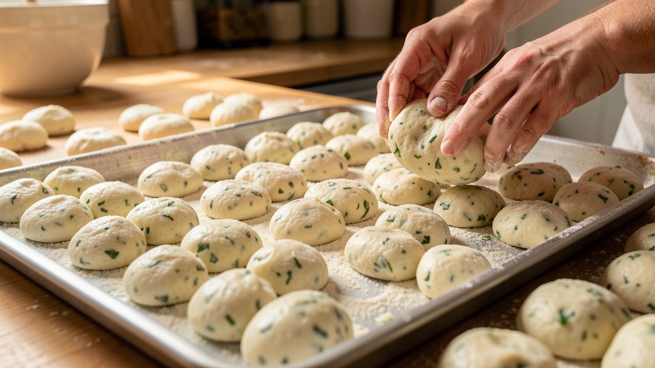 Rows of shaped spinach ricotta gnudi resting on a semolina-dusted tray