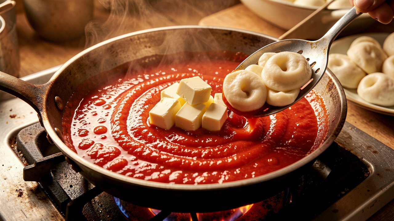 Cold butter being swirled into tomato sauce off the heat until glossy, with poached gnudi nearby