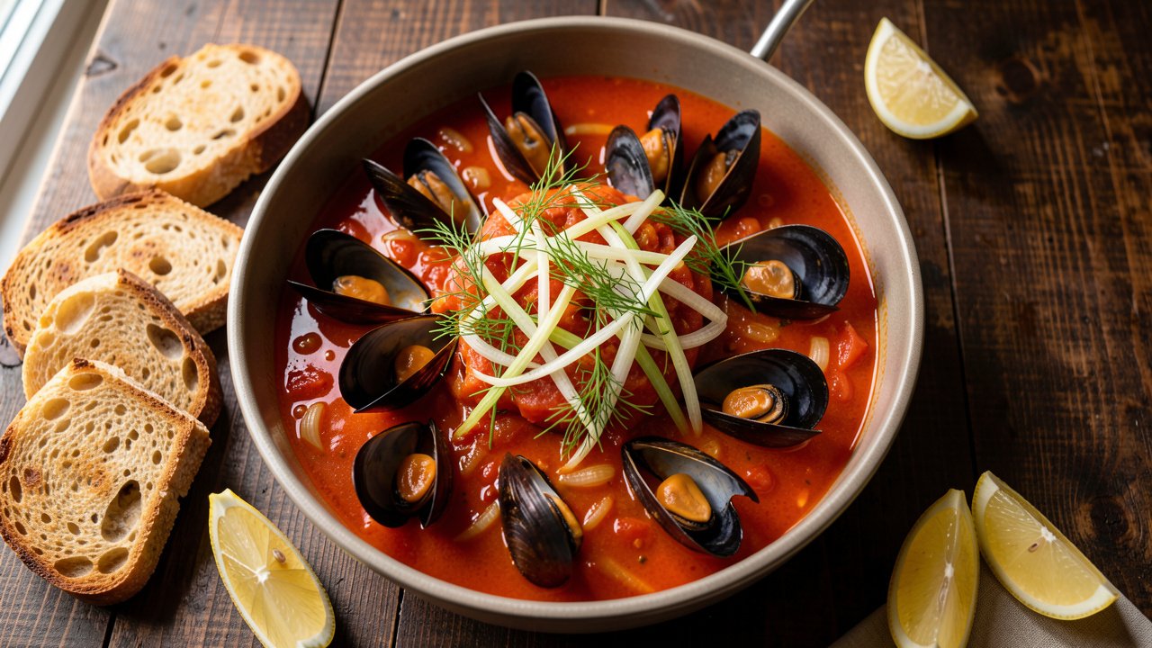 A pot of open mussels in a tomato and fennel broth with crusty bread and lemon wedges alongside