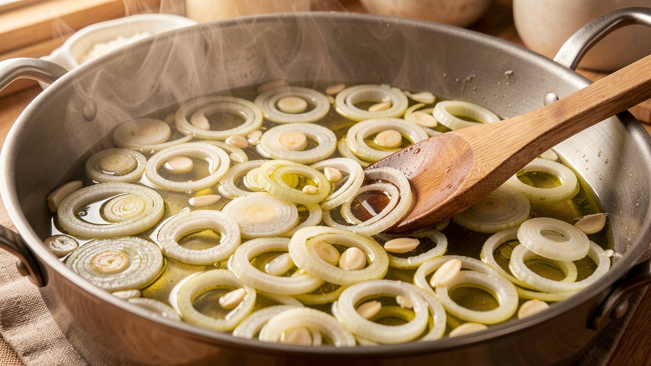 Thin slices of fennel sweating in olive oil in a wide pot until soft and translucent