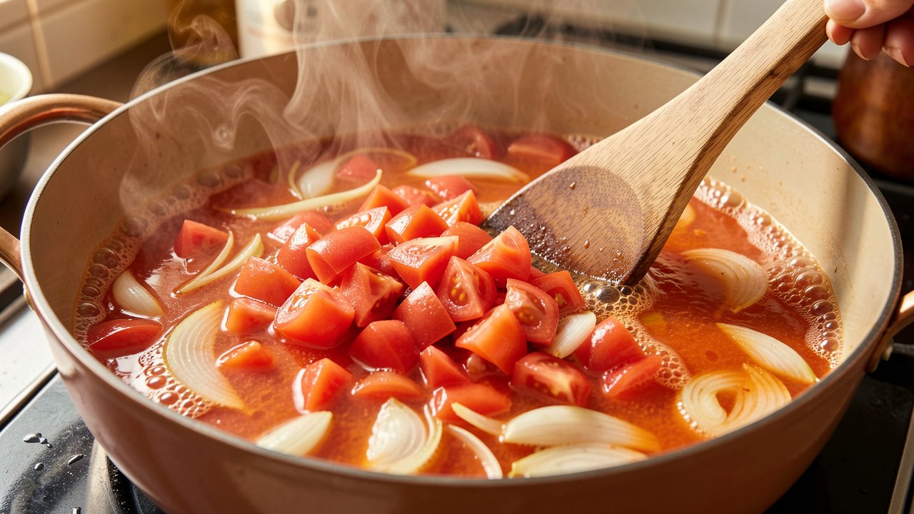 Chopped tomatoes cooking down with soft fennel and broth into a red-orange sauce