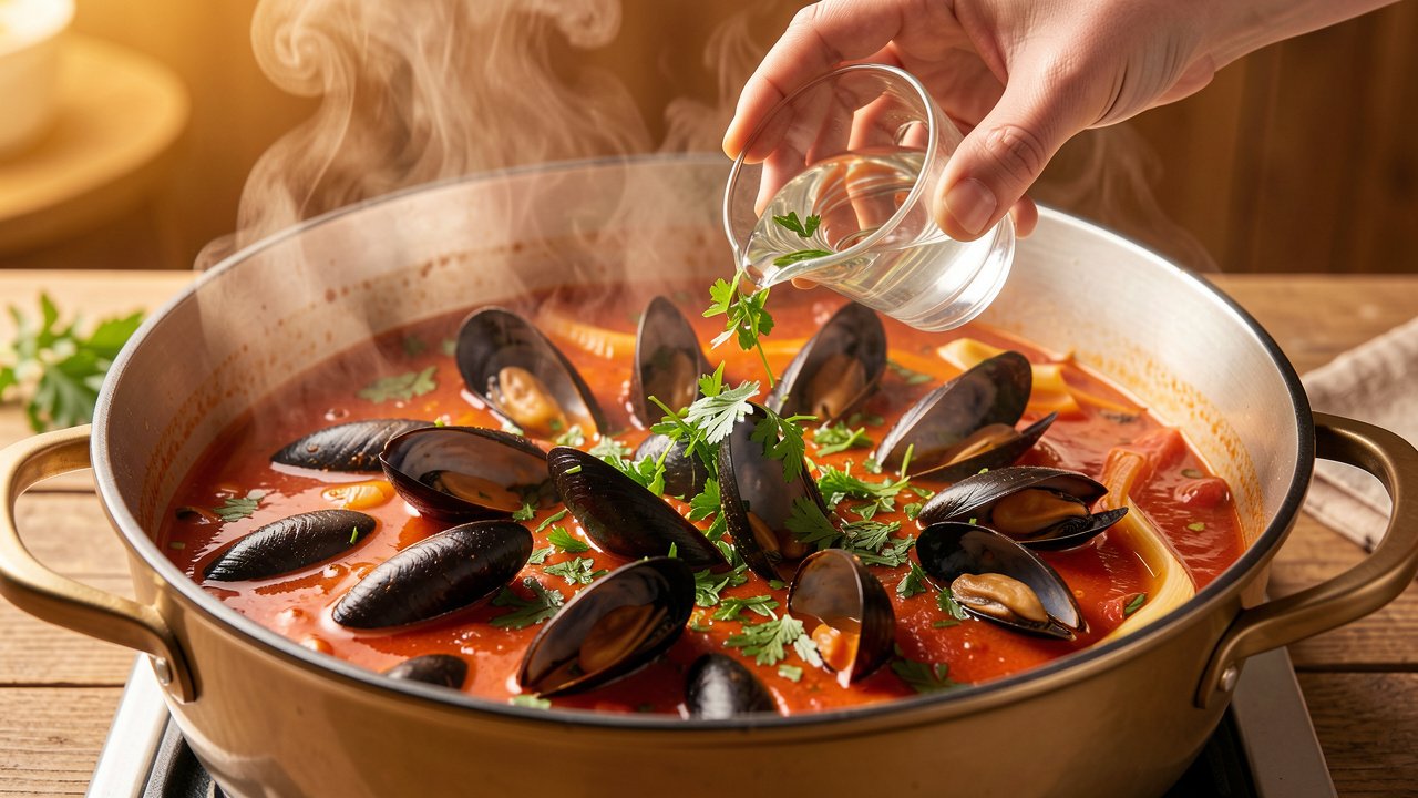 Open mussels in tomato and fennel broth being finished with lemon and fresh fennel fronds