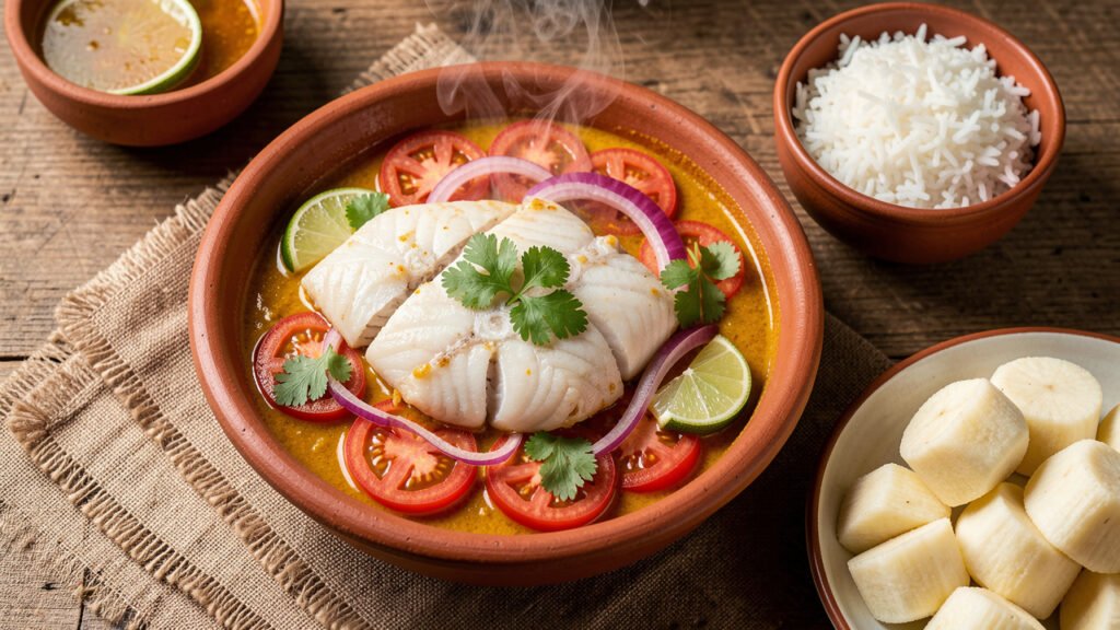 Peruvian sudado de pescado with white fish steaks steaming over tomatoes and onion in a golden aji amarillo sauce, served with rice and cassava