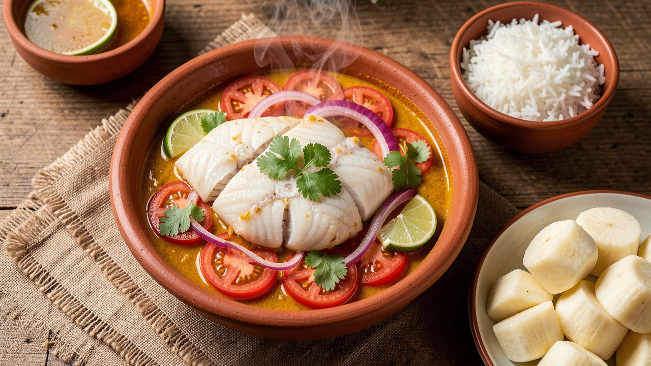 Peruvian sudado de pescado with white fish steaks steaming over tomatoes and onion in a golden aji amarillo sauce, served with rice and cassava