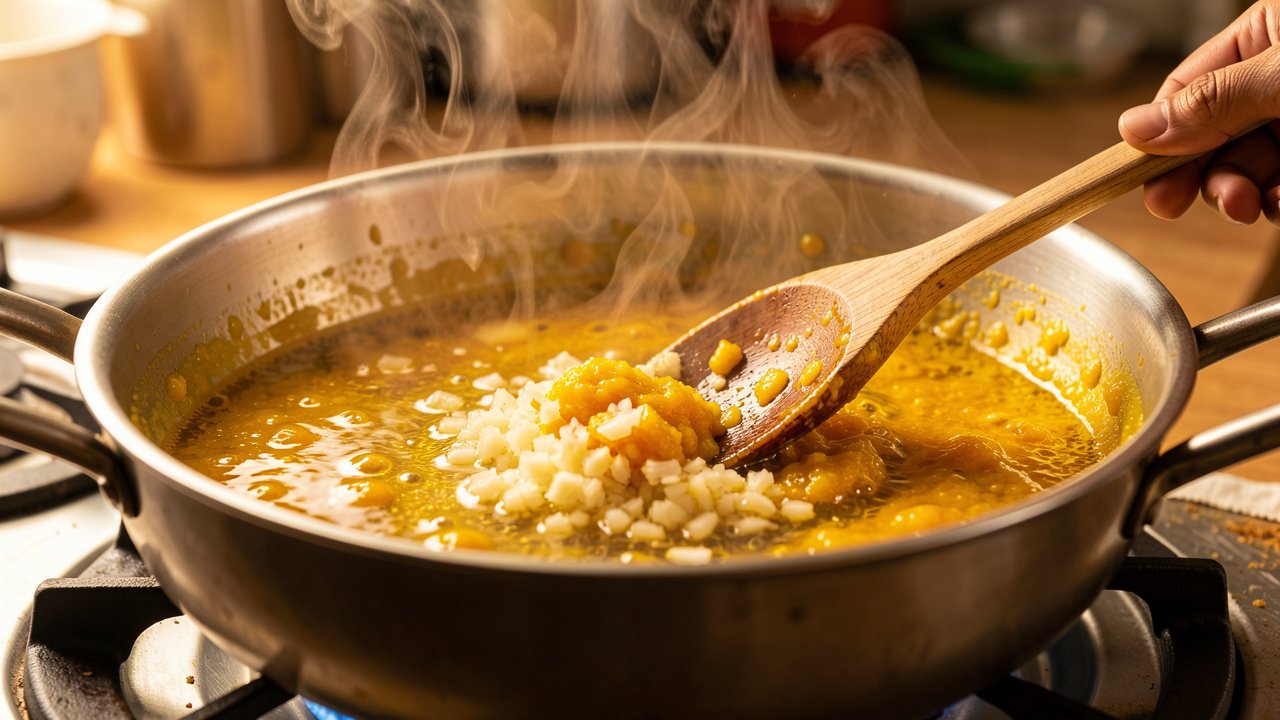 Aji amarillo paste and garlic blooming in hot oil in a wide pot
