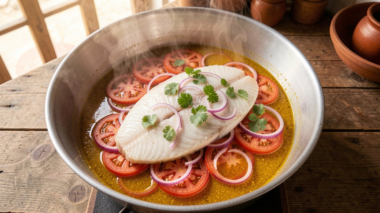 White fish steaks resting on a bed of sliced tomato and onion in golden broth before steaming