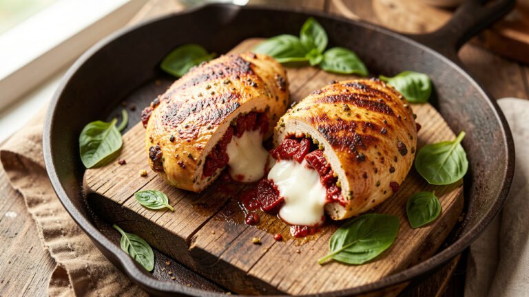 Sliced sun-dried tomato pesto stuffed chicken breast showing red pesto and melted mozzarella inside a golden seared crust