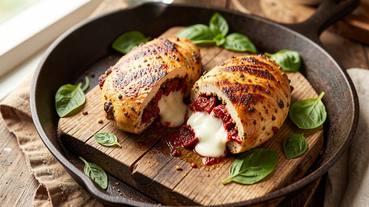 Sliced sun-dried tomato pesto stuffed chicken breast showing red pesto and melted mozzarella inside a golden seared crust