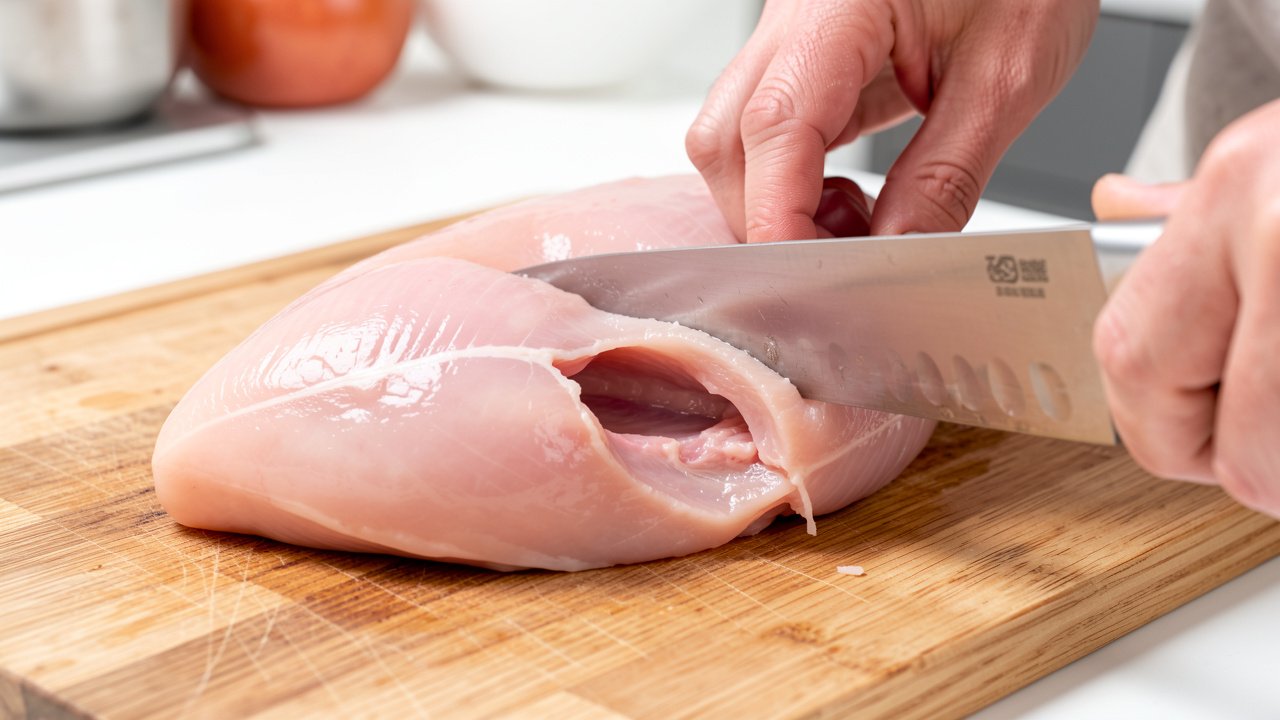 A knife cutting a deep horizontal pocket into the side of a raw chicken breast