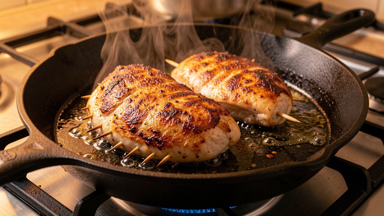 Stuffed chicken breasts searing to golden brown in a cast iron skillet with toothpicks along the edge