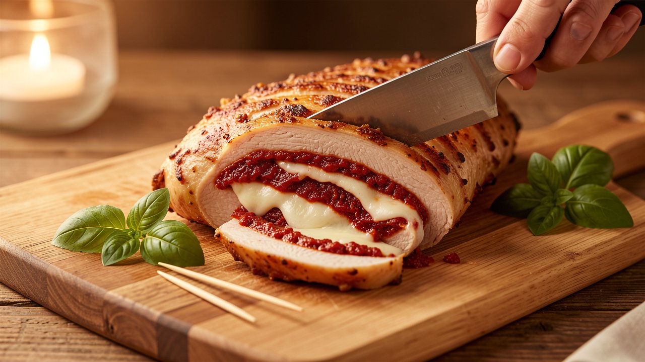 A rested stuffed chicken breast being sliced into thick pieces showing pesto and mozzarella