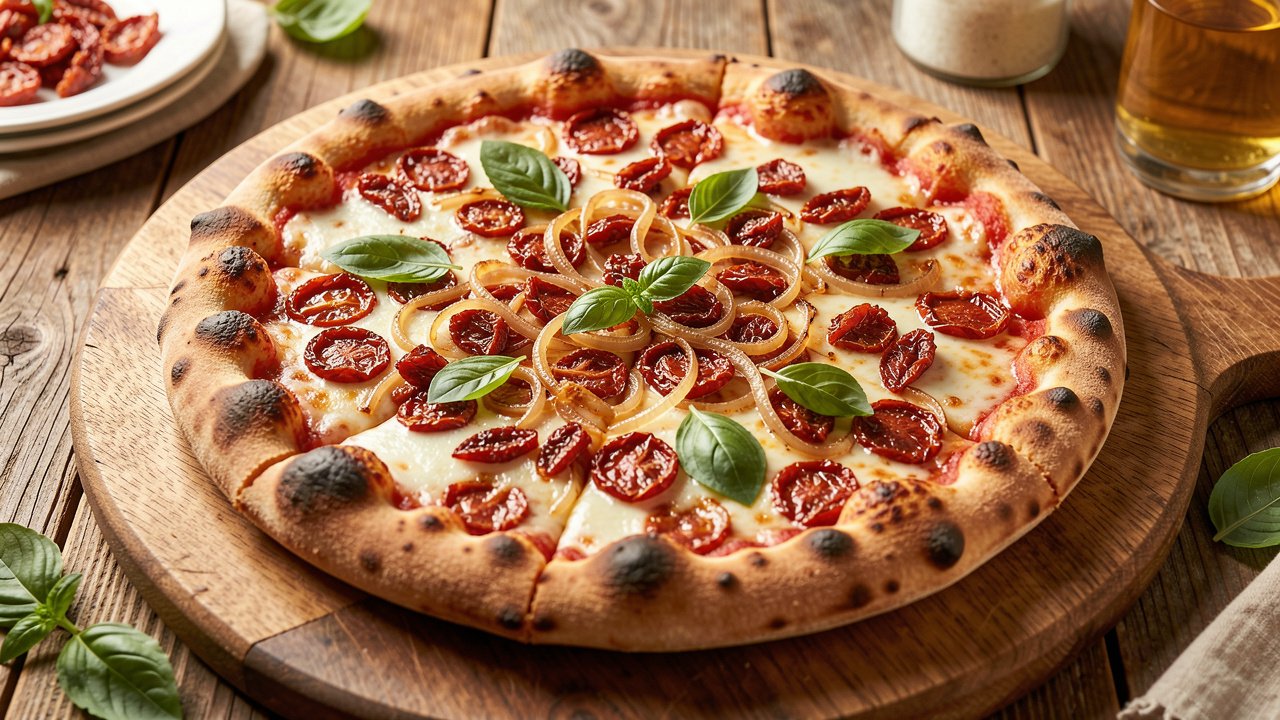 A whole sundried tomato and onion pizza with blistered crust, melted mozzarella, caramelized onions, and fresh basil