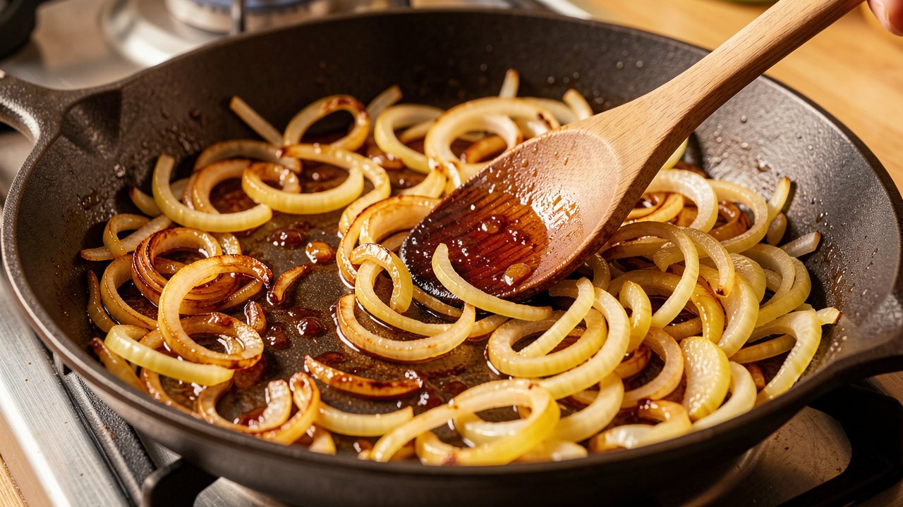 Sliced onions caramelizing to deep golden brown in a skillet