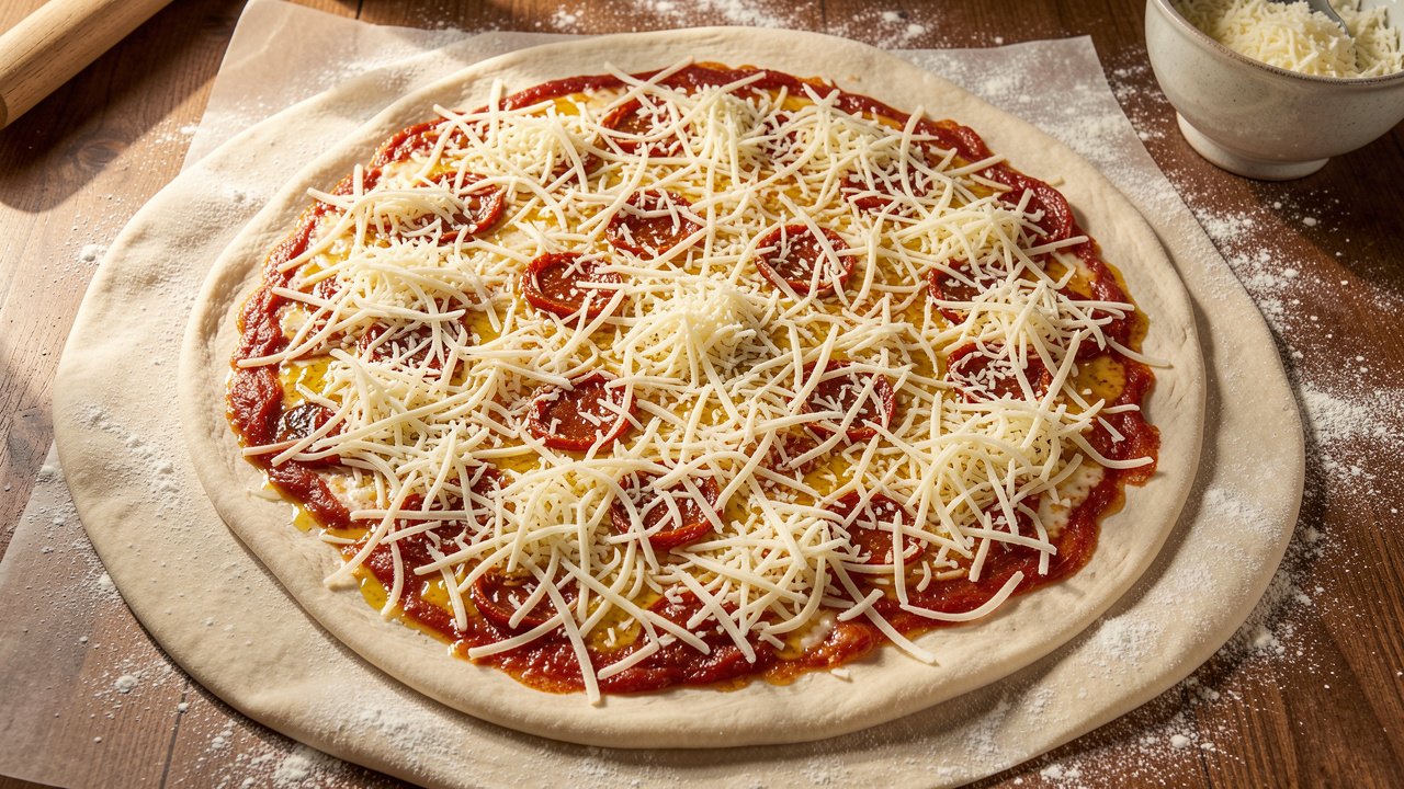 Stretched pizza dough brushed with oil and topped with an even layer of mozzarella