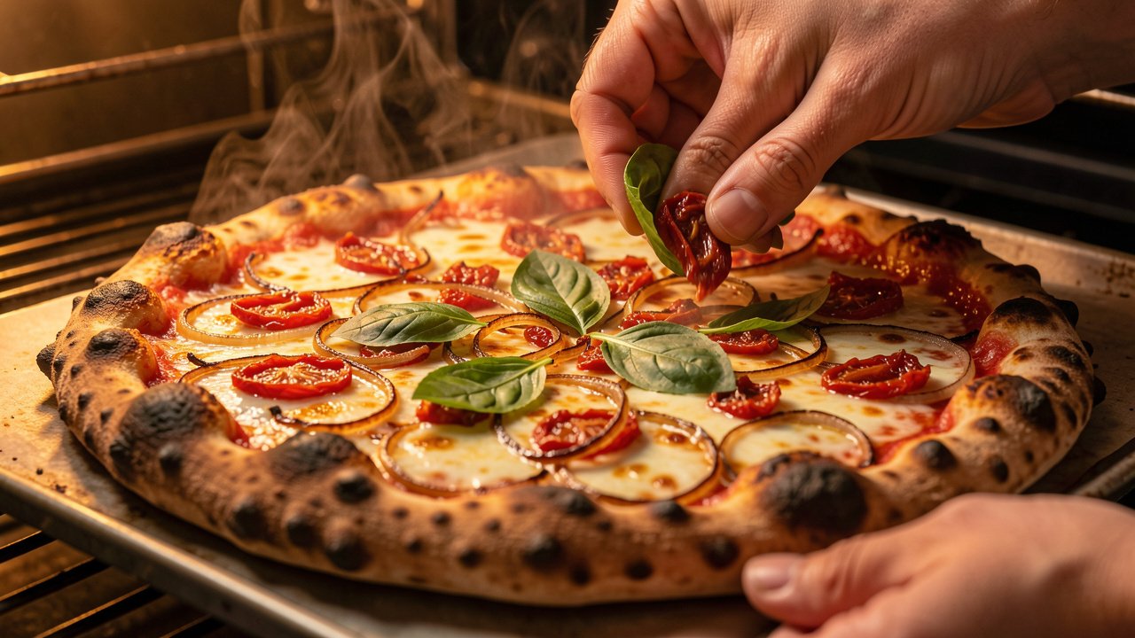 Finished sundried tomato and onion pizza being topped with fresh basil out of the oven
