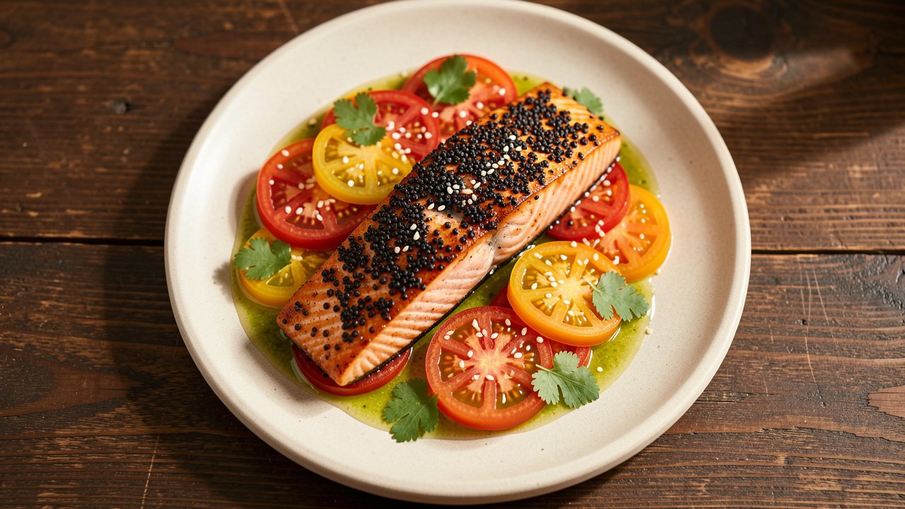 Seared Szechwan salmon fillets resting on sliced tomatoes with lime vinaigrette and sesame seeds