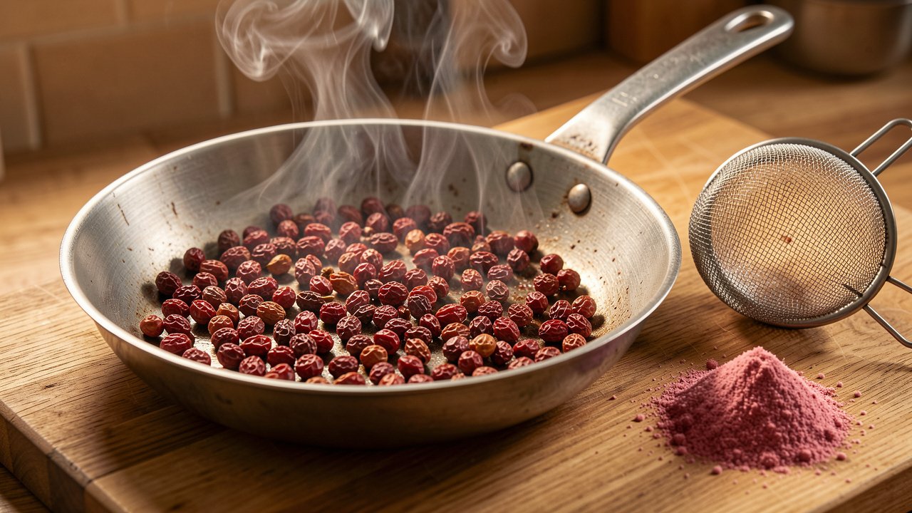 Szechwan peppercorns toasting in a dry skillet beside a sieve and freshly ground powder