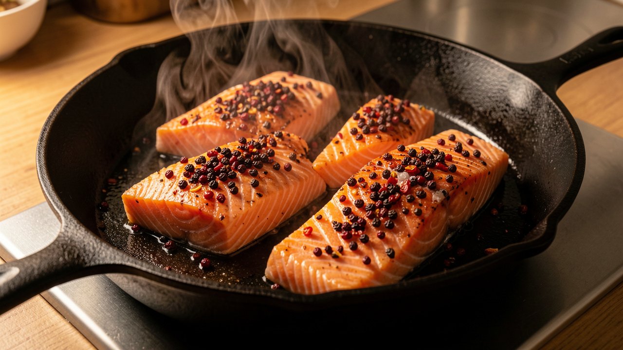 Peppercorn-crusted salmon fillets searing skin-side down in a cast iron skillet
