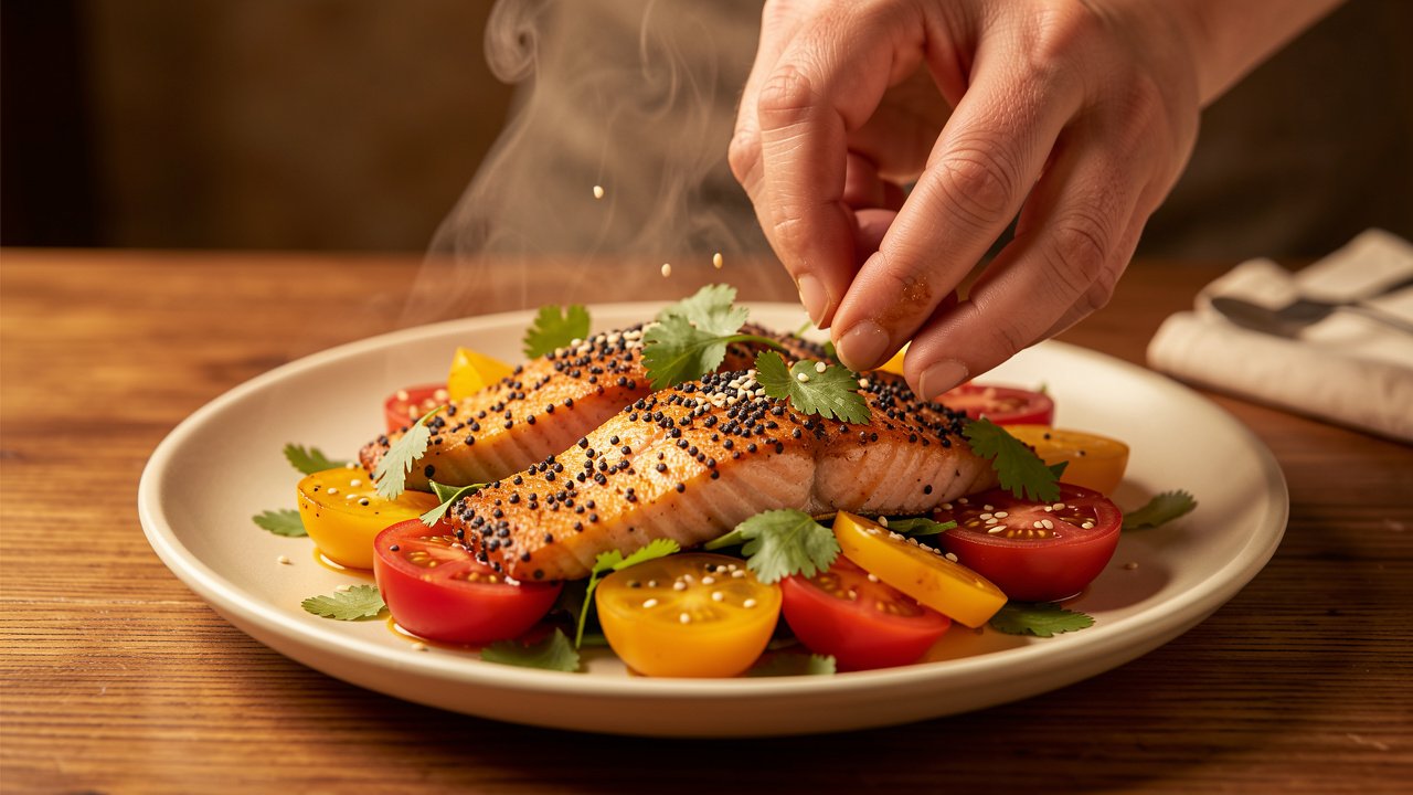 Finished Szechwan salmon salad being garnished with sesame seeds and cilantro